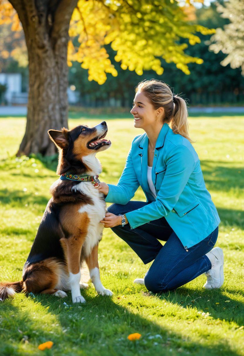 A heartwarming scene of a joyful dog with its owner in an outdoor training session, showcasing the bond between them. The dog is performing a positive trick, like sitting or giving a paw, with a sunny park background filled with colorful flowers and trees. The owner is smiling, kneeling beside the dog, holding treats and using a clicker. A sense of happiness and transformation radiates from this moment, emphasizing the power of positive training. super-realistic. vibrant colors. sunny day.