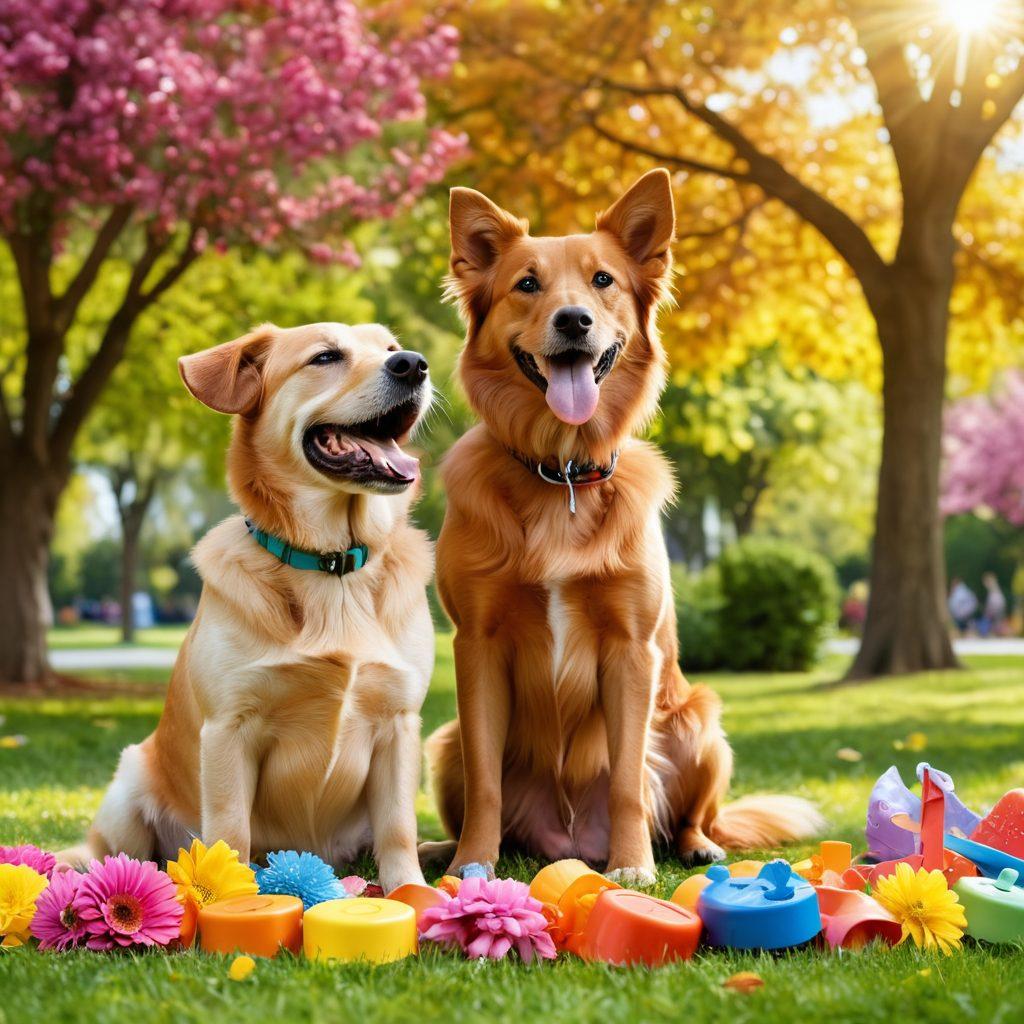 A cheerful dog sitting next to a smiling trainer, surrounded by colorful training tools and treats. The background features a sunny park with vibrant flowers and trees, illustrating a joyful atmosphere. The trainer is demonstrating a positive reinforcement technique with a clicker and a treat, emphasizing the bond between them. The scene should evoke warmth, happiness, and a sense of companionship. vibrant colors. super-realistic. sunny park.