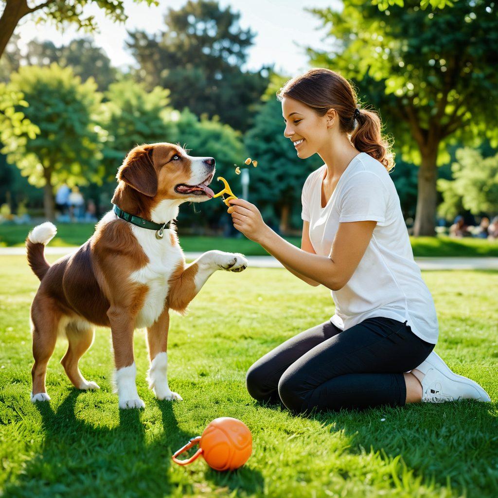 A warm and inviting scene featuring a playful puppy engaging in training with its owner in a lush green park. Include various training tools like a clicker and treats scattered around, alongside a backdrop of excited pet owners teaching their own dogs. Capture the bond between the puppy and the owner, showcasing happy expressions and a sense of teamwork. Artistic style: super-realistic. bright colors.
